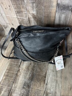 Jimmy Choo Black Leather Shoulder Bag with Silver Chain Detail
